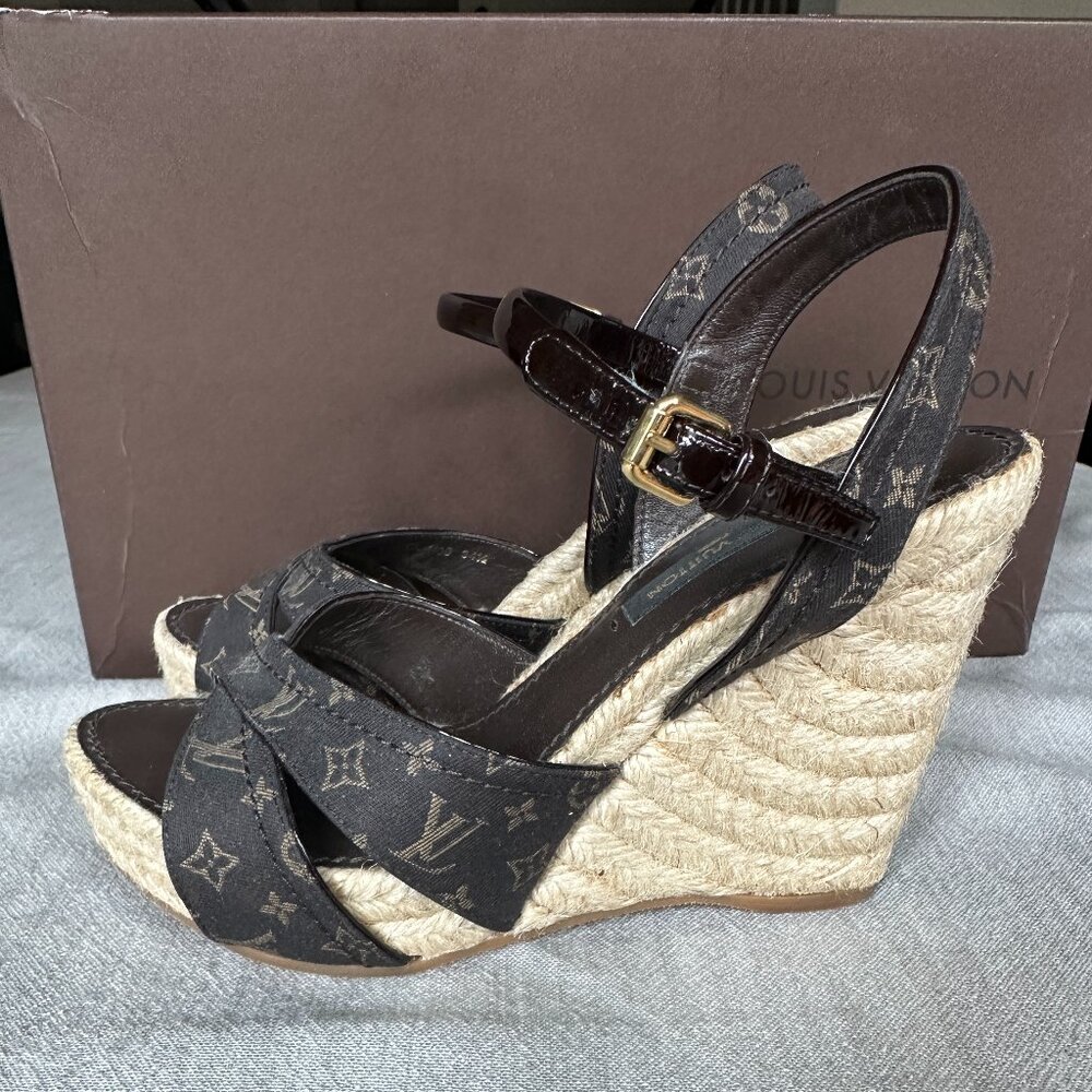 Louis Vuitton Majorca Wedge Sandals – Size 34.5 – Monogram Canvas Espadrille